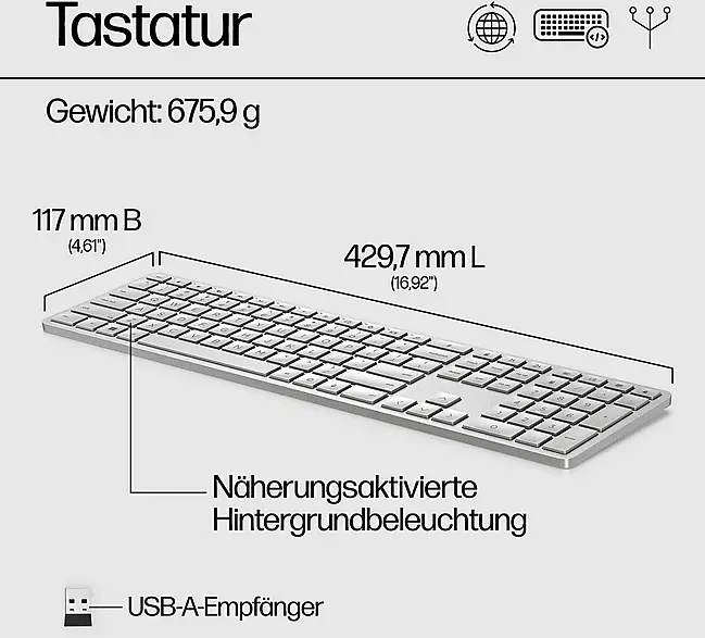 Bild von 970 Dual-Mode Wireless Keyboard silber, USB/Bluetooth, DE (3Z729AA#ABD)