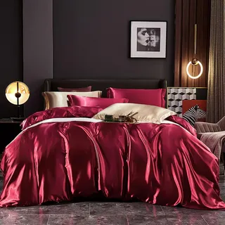 Freyamy Sommer Bettwäsche 200x200cm Kühlende Weinrot Satin Polyester Seidig Glatt Bettwäsche-Sets Unifarben Glänzend Sommerbettwäsche 1 Bettbezug mit Reißverschluss und 2 Kissenbezug 80x80cm