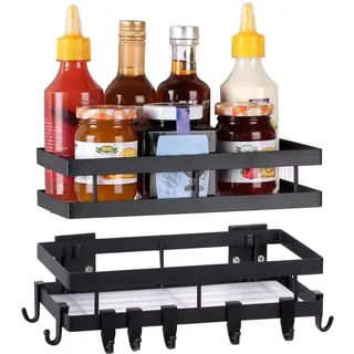 YunNasi Gewürzregal Ohne Bohren Küchenregal Schwarz Metall 2 Etagen mit 8 Abnehmbaren Haken Wandregal Regal zum Kleben Morden Design für Küche Badezimmer Balkon (Schwarz, 25cm)