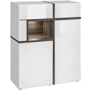 Wohnwand Anbauwand Wohnzimmer Schrankwand CROSS SET mit Hochglanz Led Push Click - Weiss, Perla Elm - ~ 340 cm X 197 cm X 50 cm