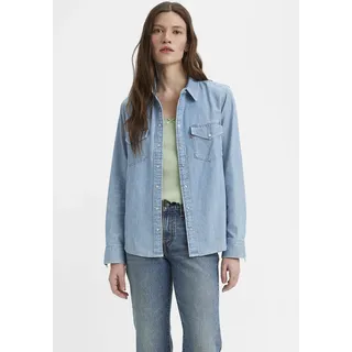 Jeansbluse LEVI'S "ESSENTIAL WESTERN", Damen, Gr. M (38), blau (old 517 blau), Denim/Jeans, Obermaterial: 100% Baumwolle, Basic, figurbetont hüftbedeckend, eckige 1-Knopf-Manschette mit Schlitz, Blusen Jeansbluse, mit Brusttaschen mit Druckknöpfen