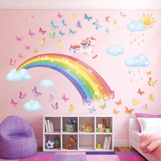 DECOWALL SG2-2309 Regenbogen Wandtattoo Einhorn Wandaufkleber Wolken Schmetterlinge Mädchen Kinder Wandsticker für Mädchenzimmer Kinderzimmer Babyzimmer Wanddeko