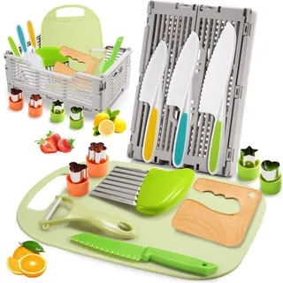 JoltJive Kindermesser, Kindermesser ab 1 2 3 4 5 6 jahre Kinderküche mit Faltbarer Aufbewahrungsbox und Wellenschneider, Montessori Spielzeug als Weihnachts- und Geburtstagsgeschenk