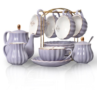 Sweejar Home 22 Stück Europäischen Stil Teeservice, Teetasse und Untertasse Set, Keramik Kaffeeset, Teeset Royal Family aus Porzellan, für 6 Personen, 225 ml-Tassen violett