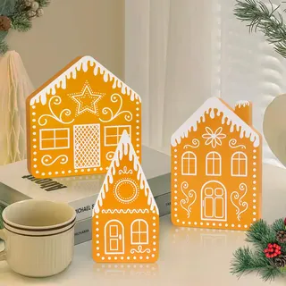 Weihnachtsdeko Tisch Holzhaus 3er Set, Weihnachtsdeko holz,Holzhaus Wichtel, Tischdeko Weihnachten, Lebkuchenhaus DekoGingerbread House Freie Kombination,Advent Weihnachts Dekoration