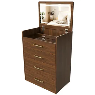 Redom Schminktisch 40/60/118 cm mit aufklappbarem Spiegel, Glasplatte, 3-in-1-Funktion und Hocker, Walnuss , Weiß , Holzwerkstoff , 60x118x40 cm , Schlafzimmer, Schminktische
