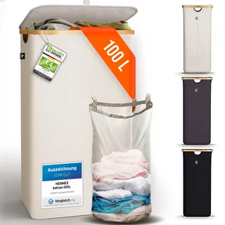 HENNEZ 100L Wäschekorb mit Deckel Beige und herausnehmbaren Wäschesack Wäschesammler schmal mit Deckel - Wäschebox Waschekorbsammler Wäschesortierer - Wäschetruhe Wäschekörbe Laundry Baskets