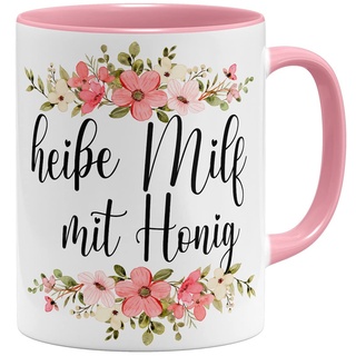 OM3® heiße Milf mit Honig Tasse mit Spruch Milfkaffee Kitschig | Keramik Becher | 11oz 325ml | Beidseitig Bedruckt | Rosa