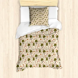 ABAKUHAUS holzig Bettbezug Set für Einzelbetten, Waldtiere in der Natur, Milbensicher Allergiker geeignet mit Kissenbezug, 135 cm x 200 cm - 80 x 80 cm, beige Fawn