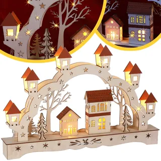 MONZANA® Schwibbogen Weihnachten LED Batteriebetrieben Timer Kabellos Holz Beleuchtung Deko Lichterbogen Weihnachtsdeko Schwippbogen Lichterkranz Braun - Braun