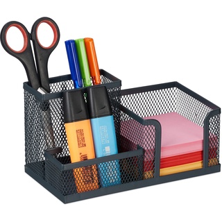 Relaxdays Schreibtisch-Organizer, 3 Fächer, Mesh-Design, Metall, HBT 10 x 18,5 x 9,5 cm, Ordnungsbox für Büro, anthrazit