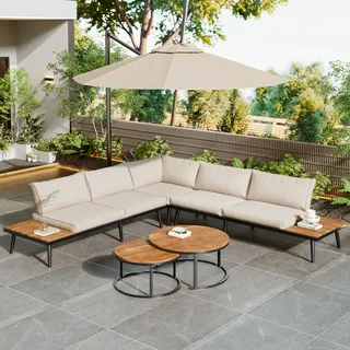 Flieks Gartenlounge-Set Gartenmöbel-Set 6-tlg., Balkonmöbelset für 6 Personen, Gartensofa mit 2 Gartentisch, Gartengarnitur Terassenmöbel mit Kissen - Beige