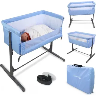 Mobiclinic Beistellbett Baby, 2 in 1, Moon, Befestigungsgurte am Bett, 5-stufig verstellbar, Transporttasche, inklusive Räder - Hellblau