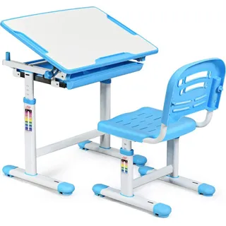 COSTWAY Kinderschreibtisch hoehenverstellbar, Schülerschreibtisch Kindermoebel neigungsverstellbar, Kindertisch mit Stuhl, Schreibtisch Kinder, Blau