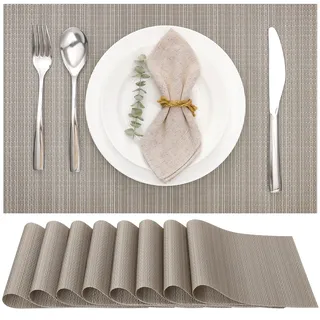 Myir JUN Tischsets Abwaschbar 8er Set,Gewebte Platzdeckchen rutschfest Abgrifffeste Hitzebeständig,Vinyl Platzsets Abwaschbar für küche Speisetisch Hotel,Platz-Matten 30x43.5cm (Silber Gold)