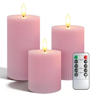 KiimLaa LED Kerzen 3er Set, Flammenlose Kerzen batteriebetrieben mit Fernbedienung Timerfunktion, Streifenmuster Echtwachs Dimmbar Elektrische Kerzen für Wohnzimmer/Outdoor/Garten/Hochzeit (Rosa)