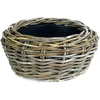 Pflanzkorb Rattan Rund – Beigegrau - Weidenkorb mit Einsatz für Außen/Outdoor - Gartenkorb Korbgeflecht - Übertopf für Garten/Pflanzgefäß (Ø 35cm / Höhe 14cm)