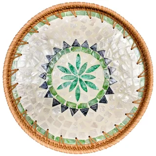 SAVOSWEET Rattan Serviertablett Rund, Dekotablett Boho, Rattan Tablett Rund 30 cm, Rundes Tablett Mosaik, Dekoratives Serviertablett für Getränke, Frühstück, Tee, Kerzen, Schmuck (Stil A)