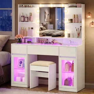 VASAGLE Schminktisch mit Spiegel, RGB-Beleuchtung und Steckdose, 107 x 40 x 144,5 cm, Holzspanplatte und Glas, mit 2 Schränken, Weiß, für Schlafzimmer