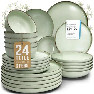 Steingut Geschirrset 6 Personen Rustic 24 tlg. TESTSIEGER, Hochwertiges Landhaussttil Steingut Geschirr Set, Schüssel- und Teller Set, Tafelservice 6 Personen, Geschirrsets Pure Living in Mintgrün