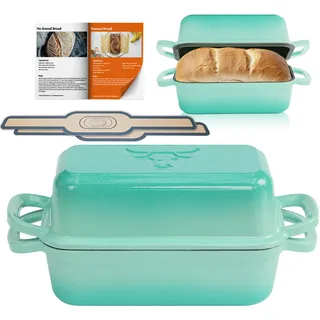 Brotbackform aus Gusseisen mit Deckel, Gusseisen Topf Brot Backen mit 2 Brotmatten Silikon, Emaille Brotbackform für Sauerteig, Robuste Brotbackformen zum Brotbacken im Ofen,Formen für Brotlaibe(BLUE)