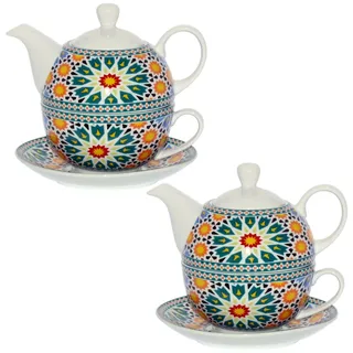 DRW Set mit 2 Tassen mit Teekanne und Untertasse aus Porzellan Mosaik Teekanne Ø 11 x 12 cm