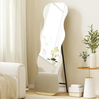HOMCOM Ganzkörperspiegel 160 x 50 cm unregelmäßig gewellter rahmenloser Standspiegel mit Holzsockel, zum Anlehnen, Stehen, Spiegel für Wohnzimmer, Schlafzimmer, Flur, Schwarz
