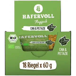 HAFERVOLL Organic Flapjack Chia & Pistachio, 18 x 60 g Müsliriegel - Bio-zertifiziert, mit Honig ohne Zusatz von Zucker, Hafer, im Ofen gebacken