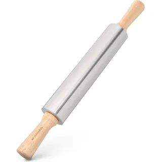 Navaris Nudelholz aus Edelstahl mit Holzgriffen - Teigroller mit Metallachse - Rollholz Wellholz Walze Nudelwalker - zum Backen Ausrollen