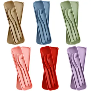 Mulaibdin 6 Stk Camping Besteckset Kunststoff, Reisebesteck mit Etui, Feldbesteck für Unterwegs, Campingbesteck Plastik, Plastikbesteck Mehrweg mit Löffel Messer Gabel für Picknick,Outdoor,Schule (B)