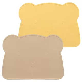 MOJINL Kinder Platzset Bär, Baby Silikon Platzdeckchen Abwaschbar, Rutschfestes Kinder Tischset, BPA Frei Schmutzabweisende Tischunterlage für Kinder und Kleinkinder (Gelb Khaki)