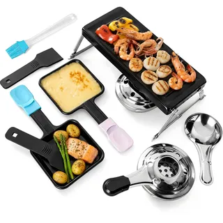 Kosmosta Tragbarer Mini Raclette Grill für 2 Personen, Antihaft Käse Schmelzer mit Grillplatte, 2 Brenner für Brennpaste, 2 Spatel, Klappbarer Metallständer, Raclette für Camping & BBQ