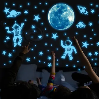 Leuchtsterne Kinderzimmer Sterne leuchtend Selbstklebend Wandsticker Wandaufkleber Kinderzimmer Junge Mädchen Kinder Mond Astronaut Leuchtaufkleber Schlafzimmer Wohnzimmer Wandtattoo Blau