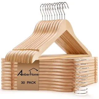 Amber Home 30 Stück 44,5cm Natürliche Kleiderbügel aus Holz mit Stange und Nut, Robust Aufhänger für T-Shirt Hemd Anzug Mantel Kleid Hochzeit Trägertop