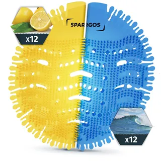 Urinalsieb mit Duft 24er-Pack Urinal Stein Spritzschutz Geruchsschutz für Toiletten in Stadien Schulen mit kostenlosen Handschuhen – 12 Stück blaue Meeresbrise 12 Stück gelbe Zitrone