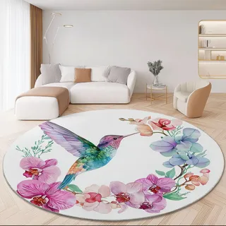 Generisch Aquarell Kolibri Orchidee Runder Teppich Wohnzimmer, Weiß Style Schlafzimmer Dekoration Teppich Teenager Männer Gaming Zone Rugs Mat rutschfest Washable, 180 cm