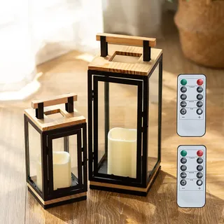 NUPTIO Laterne mit Timer für Kerzen Holz: 34 23.5cm LED Kerzen Laternen Set Schwarz Metall Outdoor Holzlaterne Kerzenlaterne Draußen Weihnachten Grablaterne Friedhof Wetterfest Gartenlaterne Windlicht
