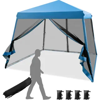 COSTWAY 3x3 m Pop Up Pavillon mit Moskitonetz und Sandsäcke, Faltpavillon faltbar, UV-Schutz 50+, Gartenzelt Partyzelt stabil, Gartenpavillon für Garten, inkl. Rolltasche (Blau) - Blau