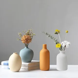 Keramik Vasen 4er-Set,Moderne Vase,Keramikvasen für die Inneneinrichtung,dekorative Vase für Pampasgras und Trockenblumen,Tisch,Bücherregal,Kaminsims und Eingangsbereich (‎Beige,Blau,Orange,Weiß)