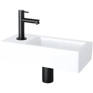 Differnz Helios Waschbecken klein, Handwaschbecken Keramik Weiß, Schwarz Armaturen Wasserhahn Links, Waschtisch, Kaltwasserhahn – 37.5 x 18 x 9.5 cm