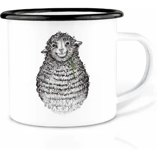 Ligarti Emaille Tasse (leicht & robust) | Camping Becher handveredelt in Deutschland | Trinkbecher für Kinder, Kaffeetasse, Emaillebecher | Essende Tiere (Wollfried, 300ml)