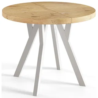Esstisch Rund Ovo, Moderner Esstich Ausziehbar, Tisch mit Solide Beine, Stabile Konstruktion,, Durchmesser: 100cm-200 cm, Lancelot - Hellbraun, Weiß