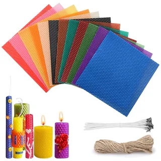 Orchideeknc Bienenwachskerzen-Bastelset, 12 Farben Bienenwachsplatten 20 x 20 cm, Wachsplatten für Kerzen mit 30Stk Baumwolldochten und 5 m Juteschnur, Kerzen-DIY-Set für Erwachsene und Kinder