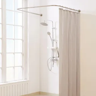 Yampos U Form Duschvorhangstange, Einstellbare [Beide Seiten: 60 cm - 132 cm, Mitte: 76 cm - 117 cm] Badewanne Duschstange Außenduschstange für Badezimmer mit 12-Haken für Deckenunterstützung