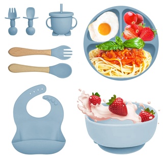 Bizcasa 8 Stück Silikon Baby Geschirrset, Rutschfest Kindergeschirr Set, Kindergeschirr mit Saugnapf, Rutschfest Baby Schüssel,Baby-Teller, Baby-Besteckset für Kleinkinder, BPA Frei (Blau)