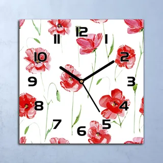 Wanduhr Echt-Glas-Küchenuhr Rote Mohnblumen Quarz Lautlos 30x30 Deko Bilder - Rot