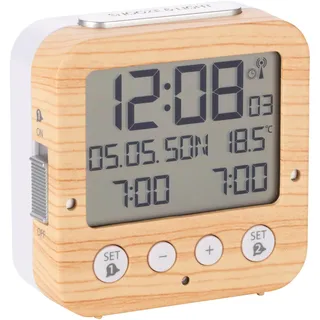 TFA Dostmann Bingo Funk-Wecker, 60.2528, mit autom. Hintergrundbeleuchtung, Datum, Temperaturanzeige und Zwei Weckzeiten, L 81 x B 33 x H 81 mm, Holzoptik, Weisse Tasten