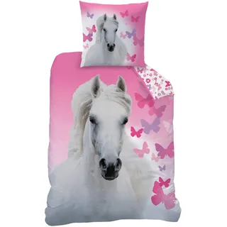 MTOnlinehandel Mädchenbettwäsche 135x200, Bettwäsche mit Pferd für Kinder Teenager, Schmetterling, 100% Baumwolle 135 x 200 cm 80 x 80 cm