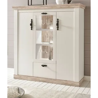 Highboard "Rovola" Pinie weiß / Oslo Pinie Landhaus Kommode 140 x 146 cm Anrichte - Weiß, Naturbelassen