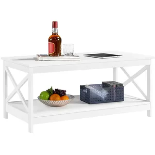 Yaheetech Couchtisch Kaffeetisch mit 2 Ablagen Sofatisch X-Form Stütze Wohnzimmertisch aus Holz Einfacher Aufbau Moderner Beistelltisch für Wohnzimmer/Balkon/Büro, 100 x 50 x 45 cm Weiß